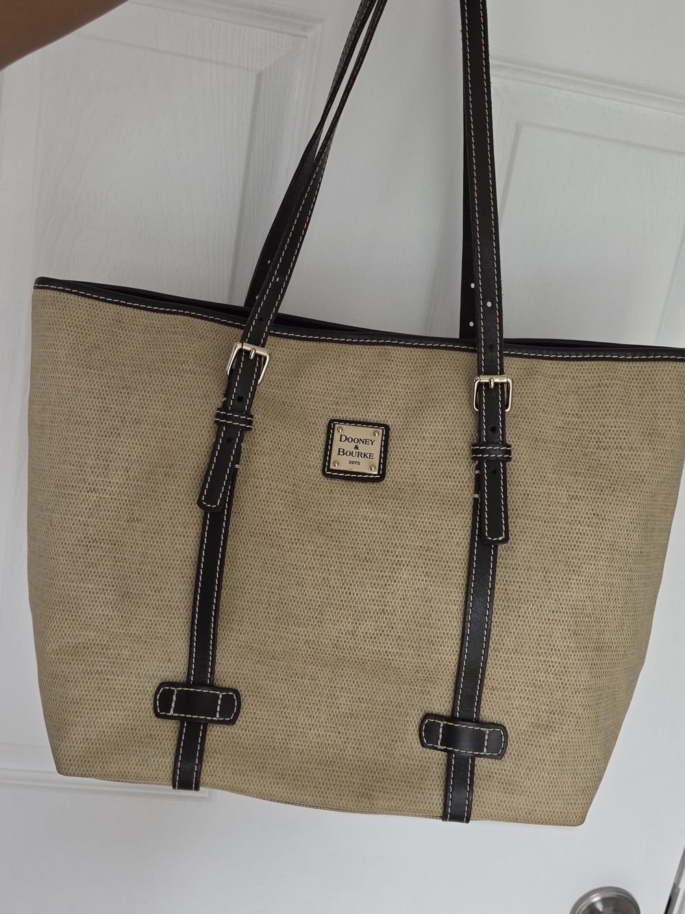 Dooney & Bourke Beige Canvas Tote with Dark Brown Trim